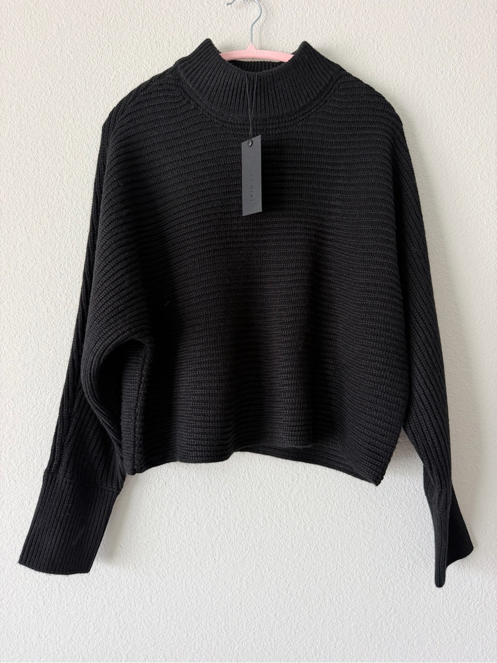 Gianni Bini Mock Neck Dolman Sweater L Black Ribbed Knit Cropped Batwing NWT